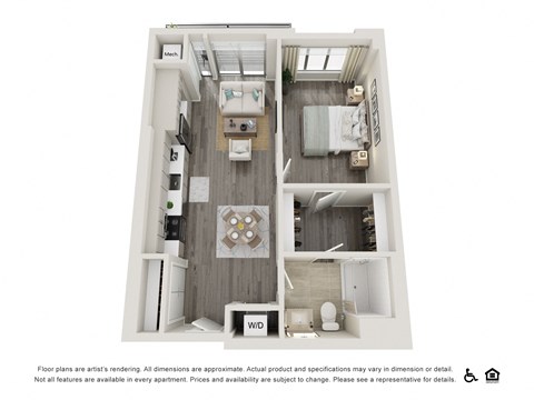 Floor plan for 1 bed, 1 bath, 673 sqft